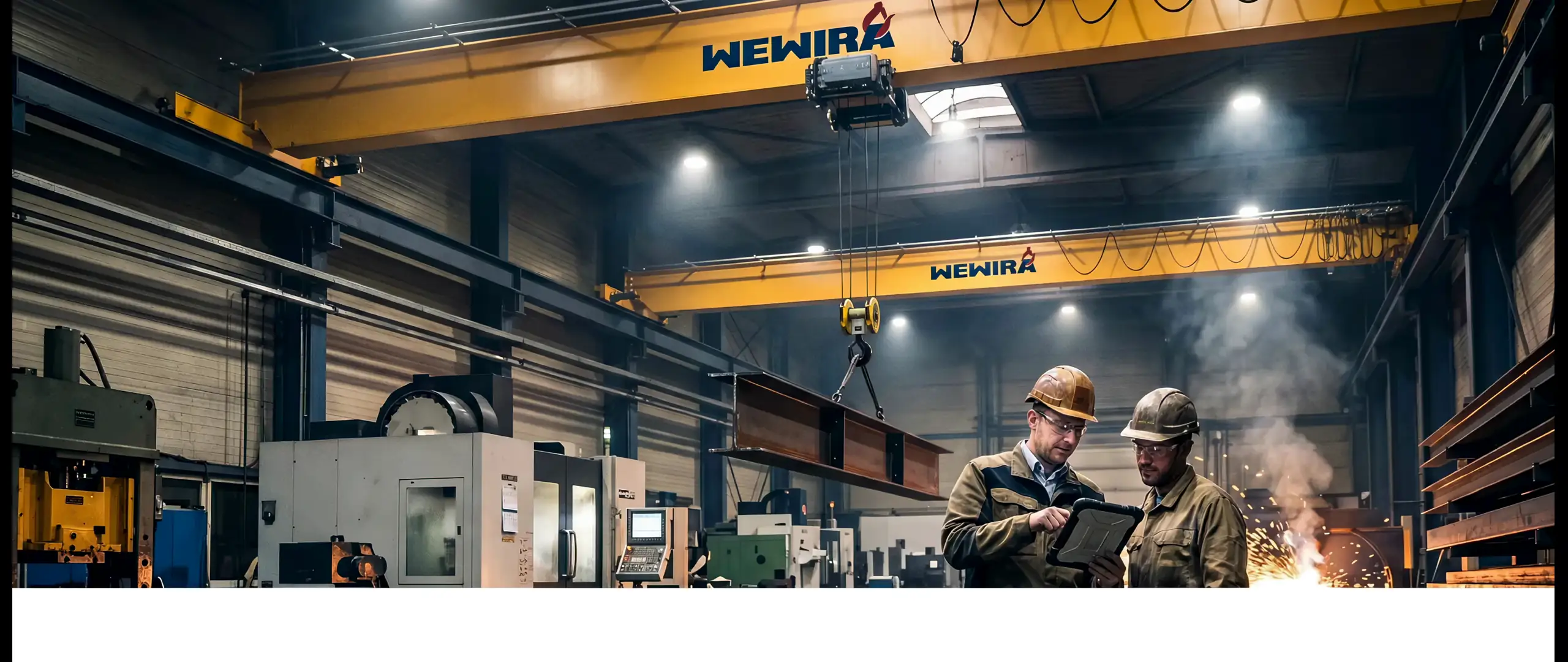 WEWIRA Brückenlaufkran in einer Industriehalle, Facharbeiter bei Schweißarbeiten